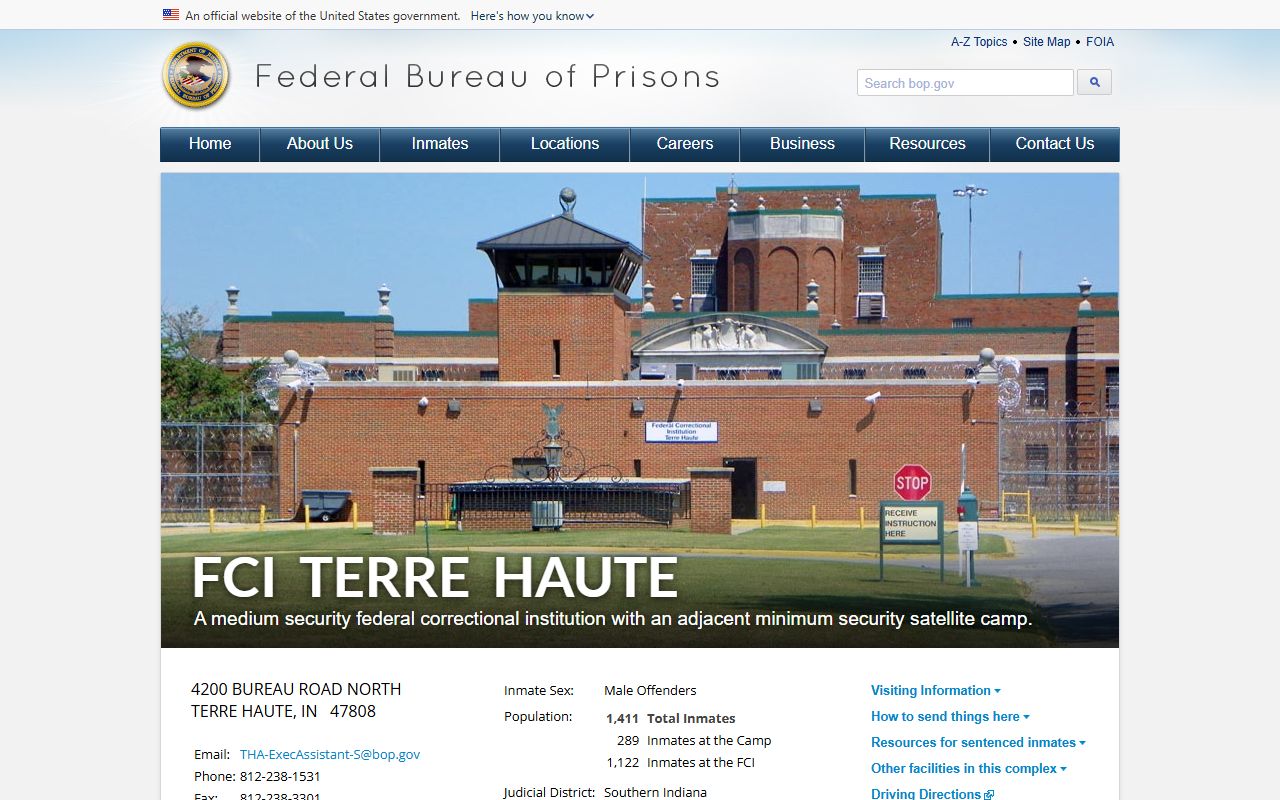 FCI Terre Haute BOP facility page for federal inmate lookup
