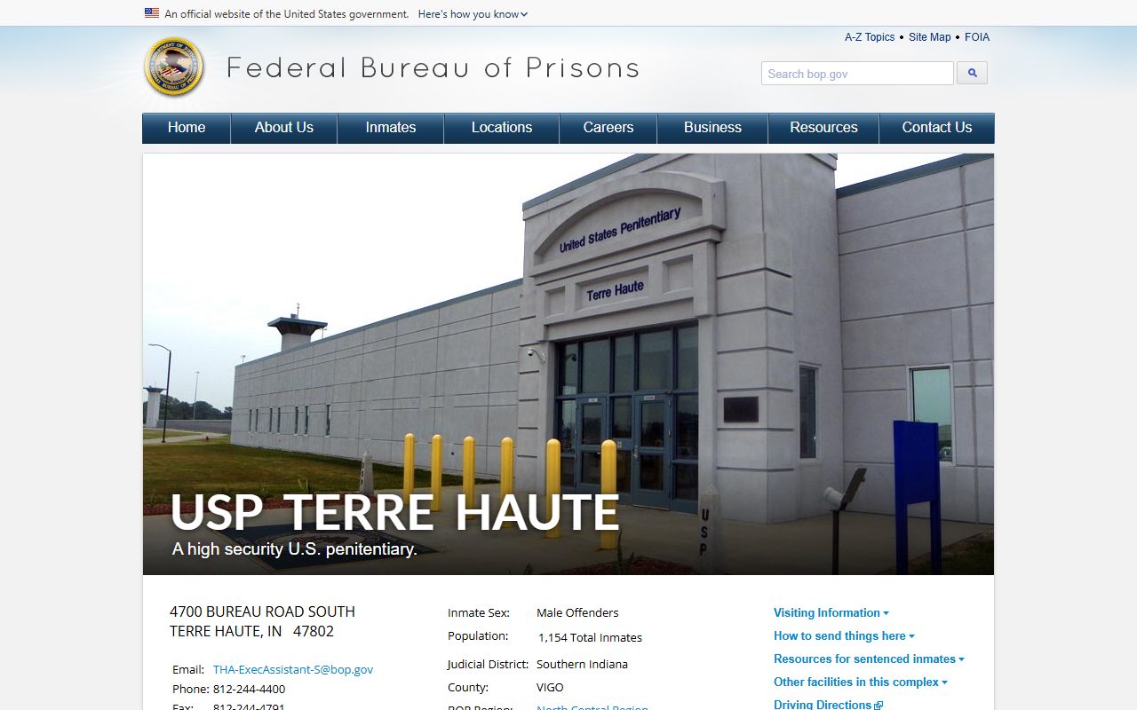 USP Terre Haute BOP facility page for inmate locator and custody records